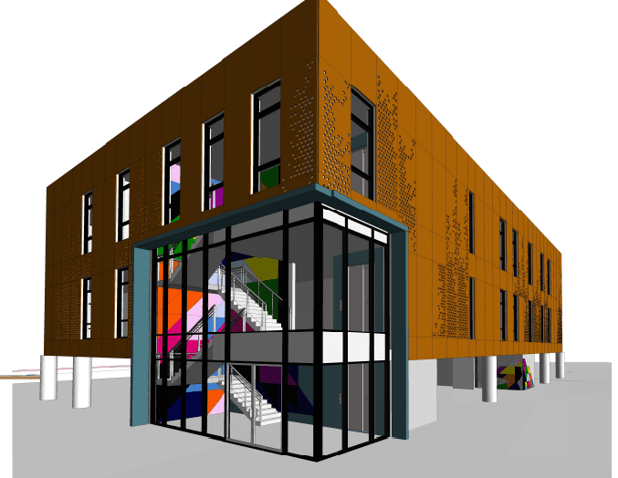 Digital 3D design of the plans for three-storey school expansion through modular construction methods.