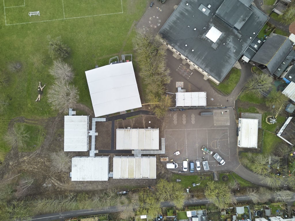 Birds-eye view of the temporary classrooms on the school site.
